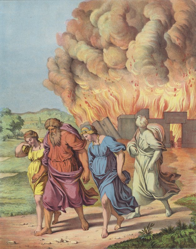 Lot och hans familj flyr Sodoms förstörelse (färg litho) av after Raphael