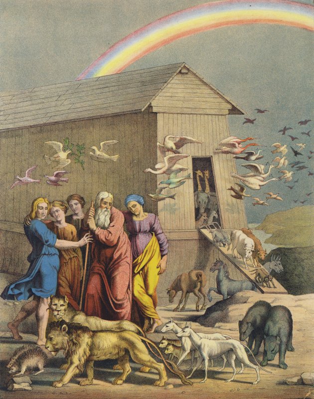Noah, hans familj och djuren som kommer ur arken efter att ha överlevt översvämningen (färg litho) av after Raphael