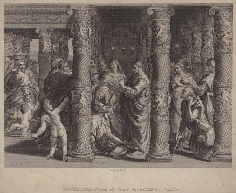 Peter och Johannes vid den vackra porten (gravyr) av after Raphael