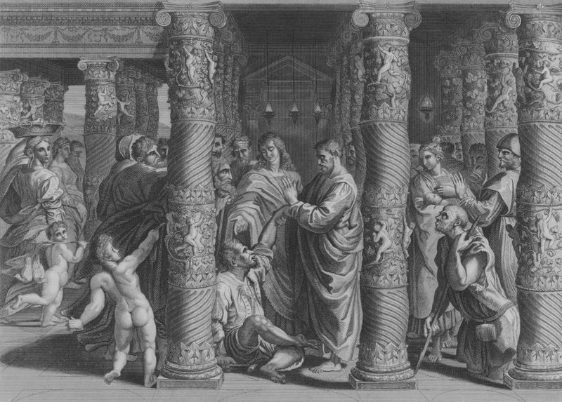 Petrus och Johannes vid den vackra porten, Apg 3, vers 1-12 (gravyr) av after Raphael