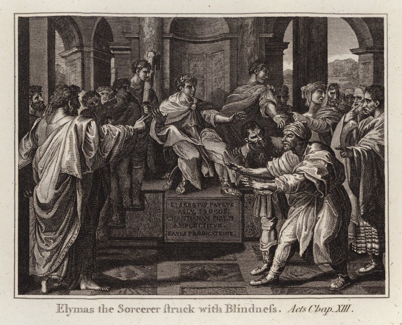 Raphael tecknad: Elymas the Sorcerer Struck with Blindness, Acts, Kap XIII (gravyr) av after Raphael