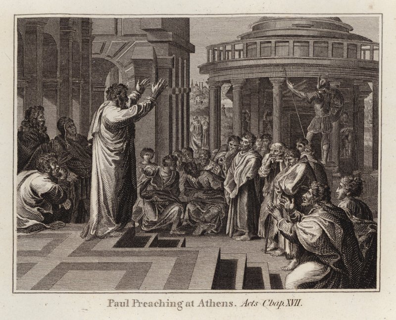 Raphael tecknad: Paul Preaching at Aten, Apostlagärningarna, Kap XVII (gravyr) av after Raphael