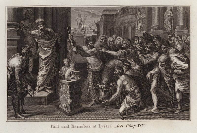 Raphael tecknad: Paulus och Barnabas i Lystra, Apostlagärningarna, Kap XIV (gravyr) av after Raphael