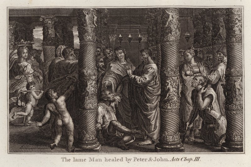 Raphael tecknad: Den lame mannen helad av Peter och Johannes, Apostlagärningarna, kapitel III (gravyr) av after Raphael