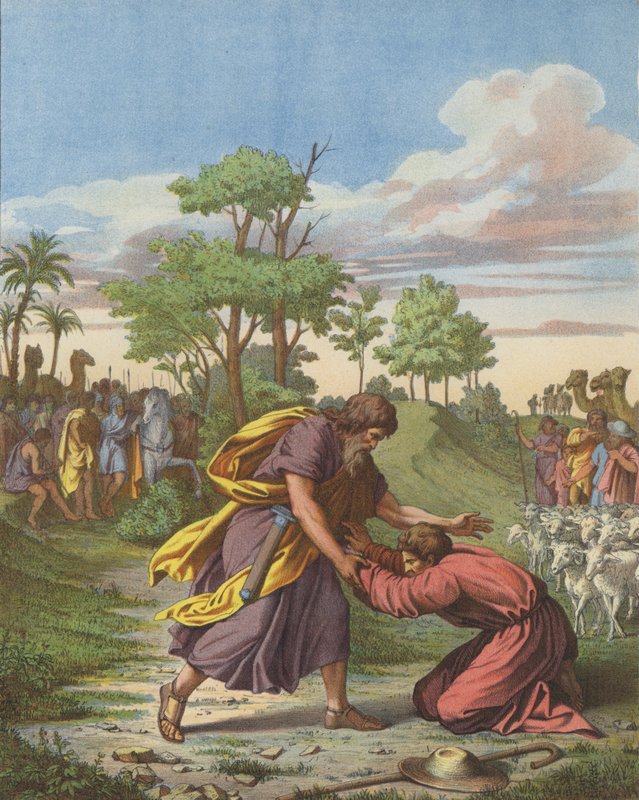 Försoning mellan Jakob och Esau (färg litho) av after Raphael