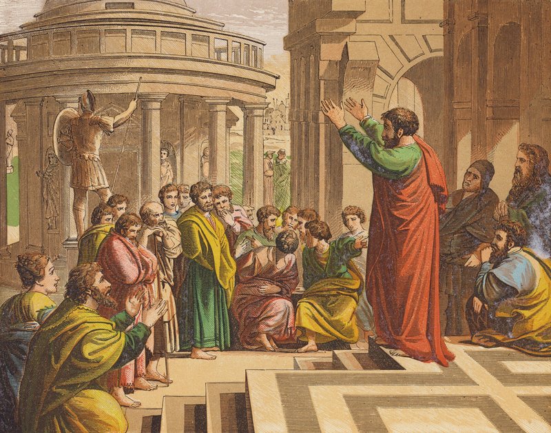 Paulus predikar i Aten (färglitografi) av Raphael (1483 1520) (after)