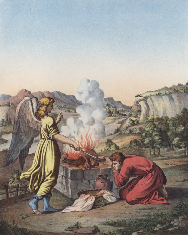 Ängeln som dyker upp inför Gideon (färg litho) av after Raphael