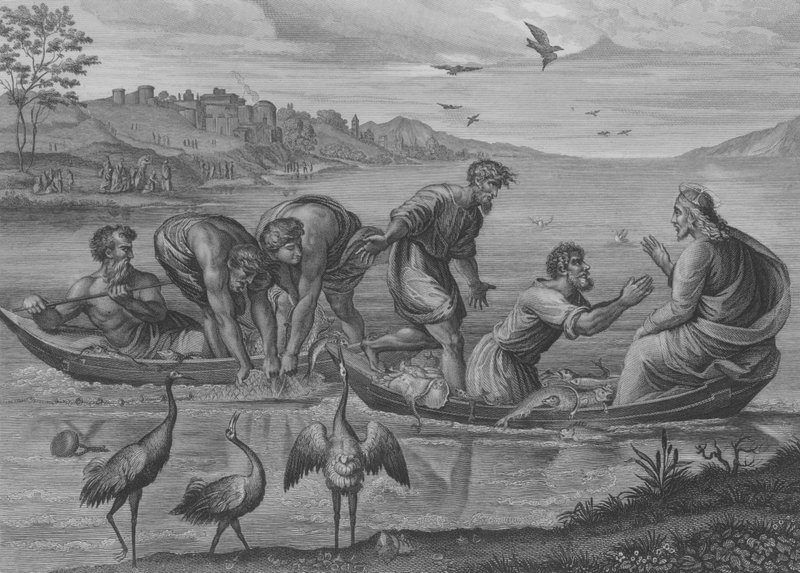 The Miraculous Draft of Fishes, St Lukas 5, Vers 1-12 (gravyr) av after Raphael