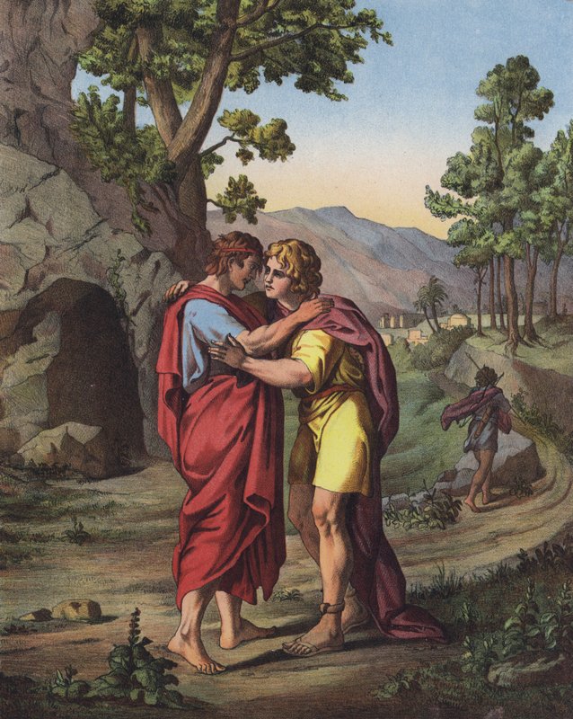 Det sista mötet mellan David och Jonathan (färg litho) av after Raphael