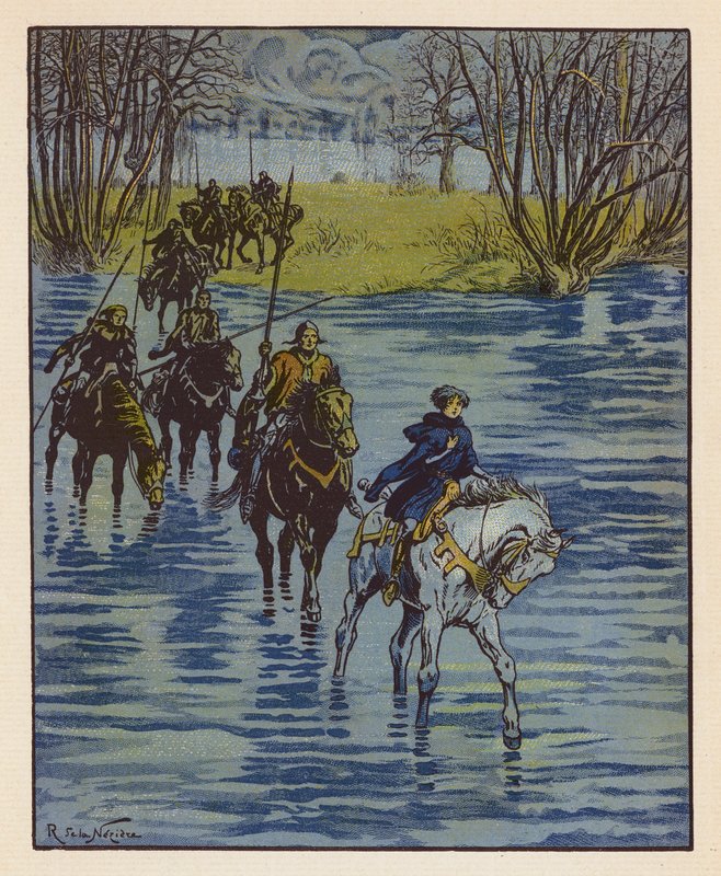 Chevauchee De Jeanne Pour Aller Trouver Charles VII A Chinon (färglitografi) av Raymond de la Neziere