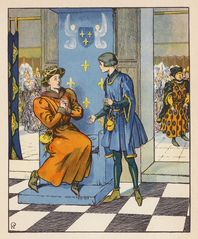 Det hemliga samtalet mellan Jeanne och Karl VII (färglitografi) av Raymond de la Neziere