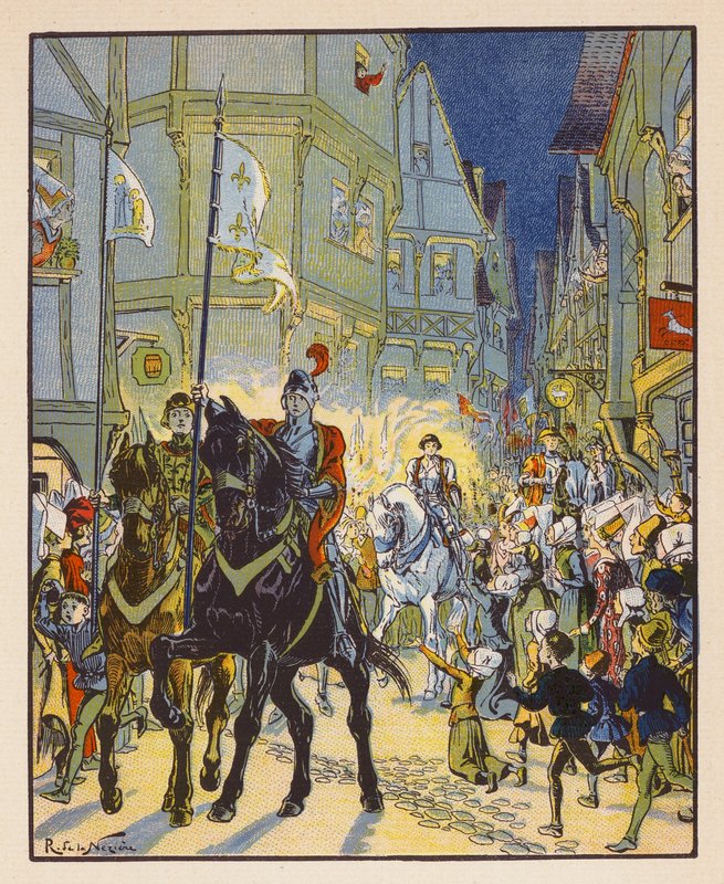 Entree De Jeanne A Orleans (färglitografi) av Raymond de la Neziere