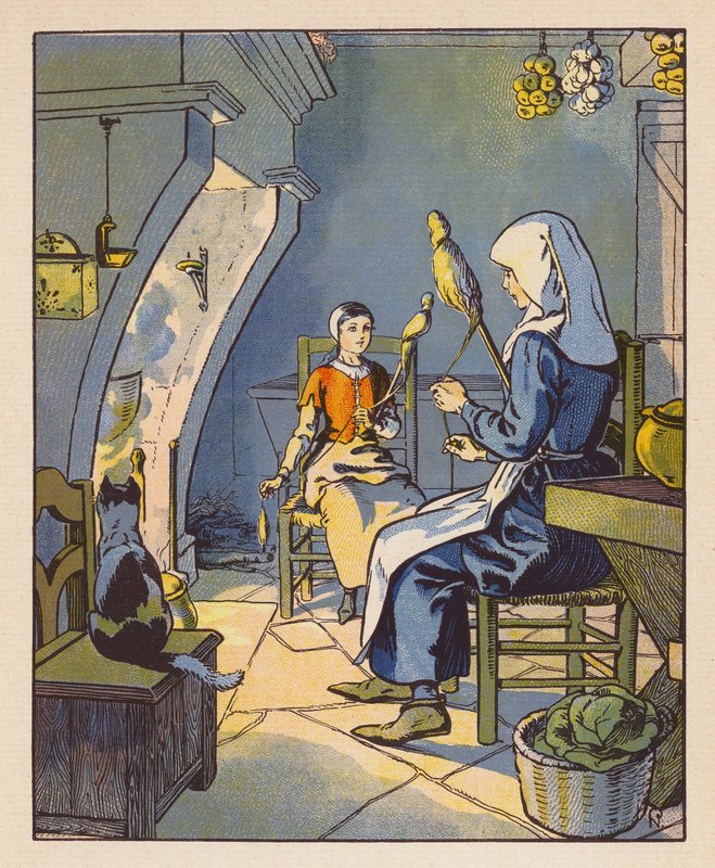 Jeanne A Domremy Avec Sa Mere (färglitografi) av Raymond de la Neziere