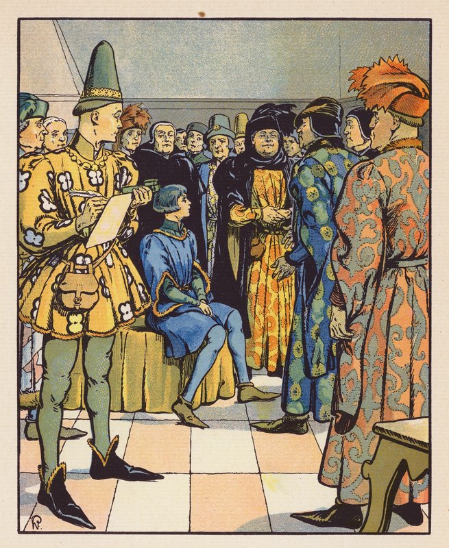 Jeanne framför de teologiska doktorerna i Poitiers (färglitografi) av Raymond de la Neziere