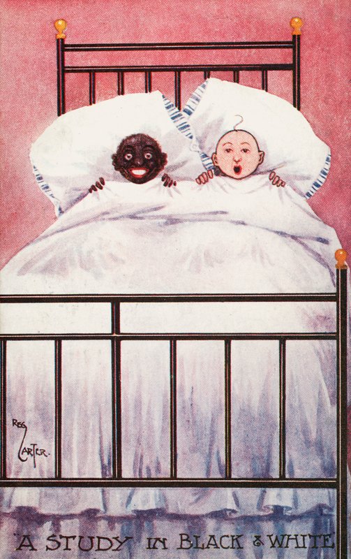 Svarta och vita barn i en säng (färg litho) av Reg Carter