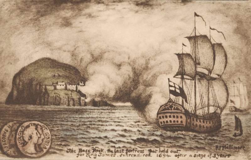 Bass Rock, Skottland, sista fästningen som höll ut till stöd för den avsatte kung James II efter den ärorika revolutionen 1688 av Reginald Phillimore