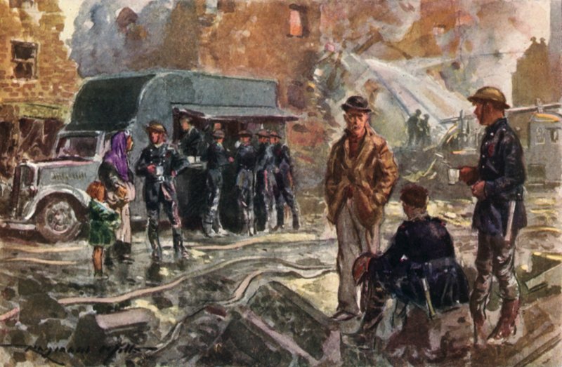 Brandmän från krigstid British National Fire Service använder en mobil matsal under Blitz, andra världskriget av Reginald Mills