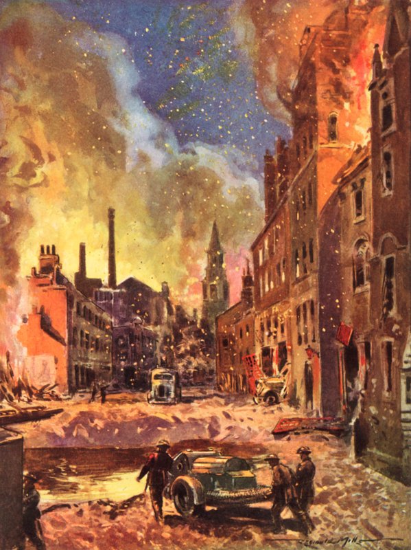 Brandmän från krigstidens brittiska National Fire Service inspekterar en stor bombkrater under Blitz, andra världskriget av Reginald Mills