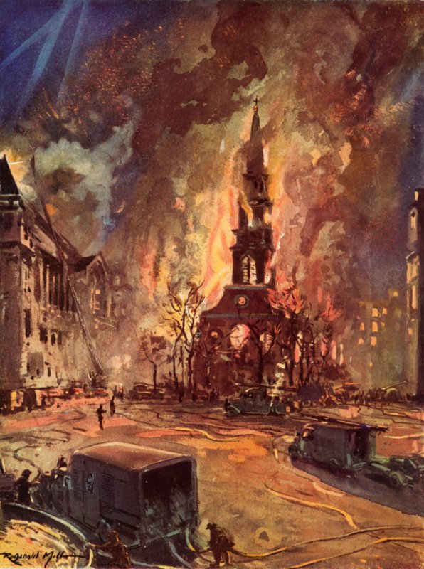 St Clement Danes Church, Strand, London, i brand under Blitz, andra världskriget av Reginald Mills
