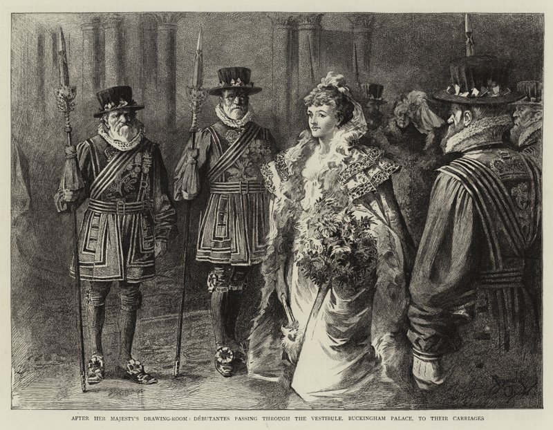 Efter Hennes Majestäts teckningsrum passerar debutanter genom vestibulen, Buckingham Palace, till sina vagnar (gravyr) av Reginald Thomas Cleaver