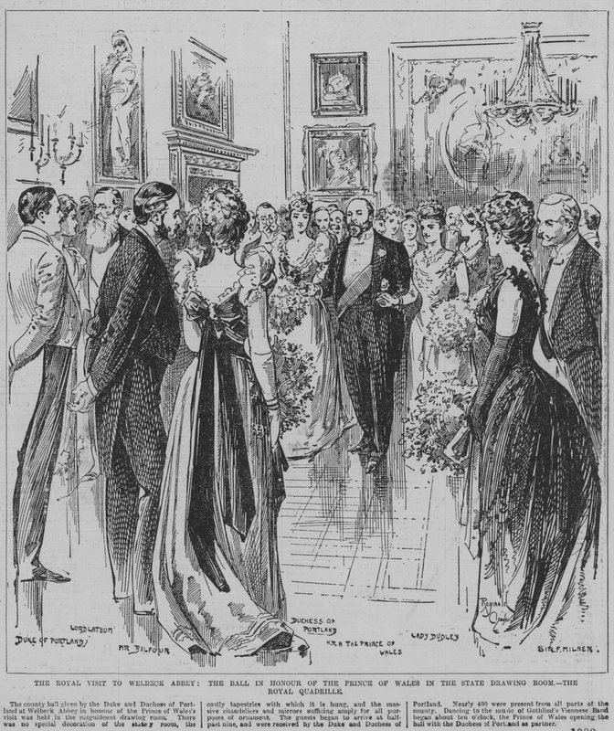 Dansar kunglig kadrilj på balen som hålls till prins av Wales ära i den statliga salongen på Welbeck Abbey, Nottinghamshire av Reginald Thomas Cleaver