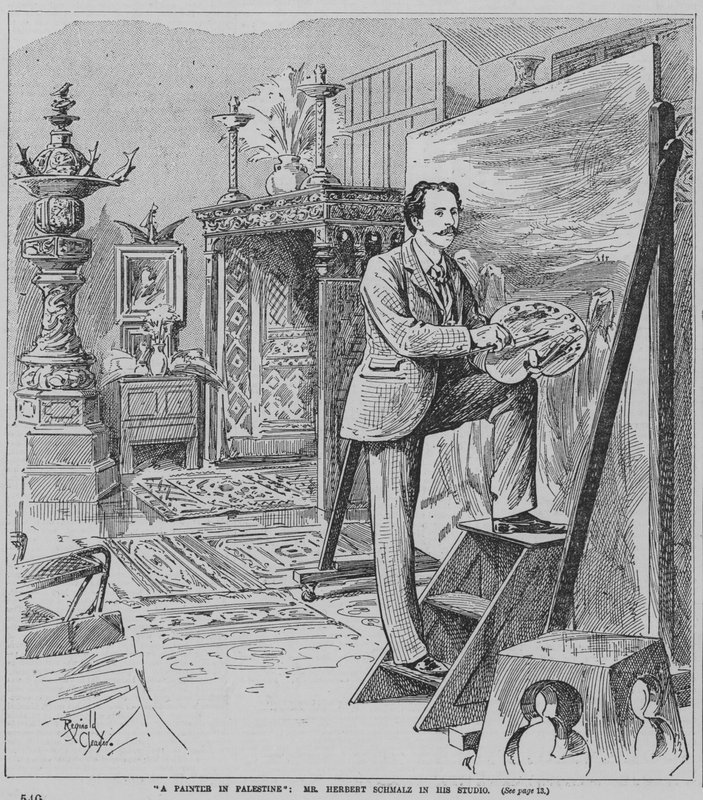 Den engelske pre-rafaelitmålaren Herbert Schmalz i arbete i sin ateljé (gravyr) av Reginald Thomas Cleaver