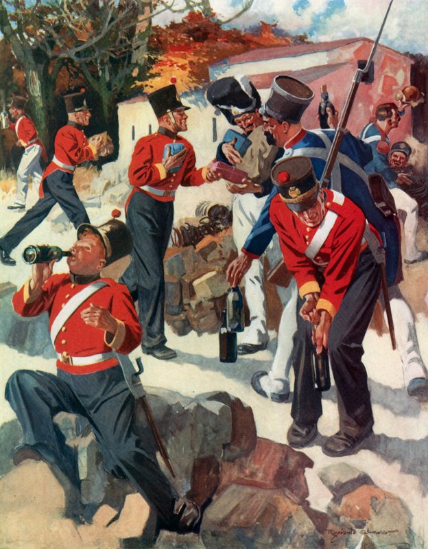 Entente Cordiale - Engelska och franska trupper delar ut gåvor under Wellingtons kampanj på halvön (färglitografi) av Reginald Thomas Cleaver