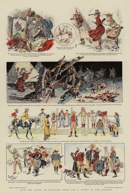 Hur två avdelningar i kansliet åkte för att skjuta i Klippiga bergen (färglitografi) av Reginald Thomas Cleaver