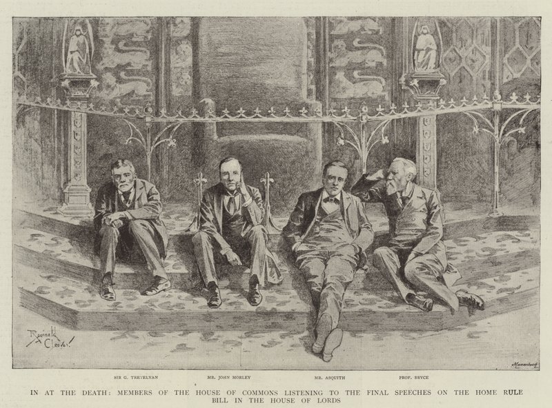 In at the Death, ledamöter av underhuset lyssnar på de slutliga talen om Home Rule Bill i överhuset (gravyr) av Reginald Thomas Cleaver