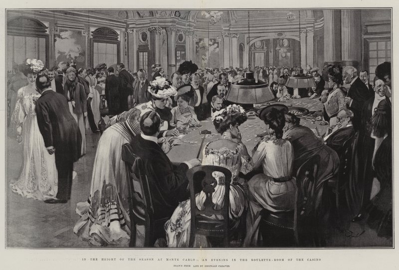 Under högsäsongen i Monte Carlo, en kväll i kasinots roulettrum (litografi) av Reginald Thomas Cleaver
