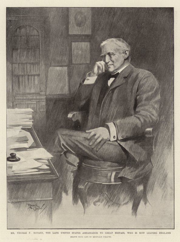 Thomas F Bayard, USA:s förre ambassadör i Storbritannien, som nu lämnar England (litografi) av Reginald Thomas Cleaver