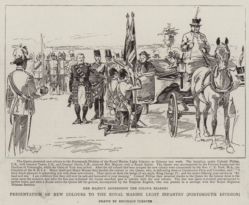 Utdelning av nya fanor till Royal Marine Light Infantry, Portsmouth Division (litografi) av Reginald Thomas Cleaver