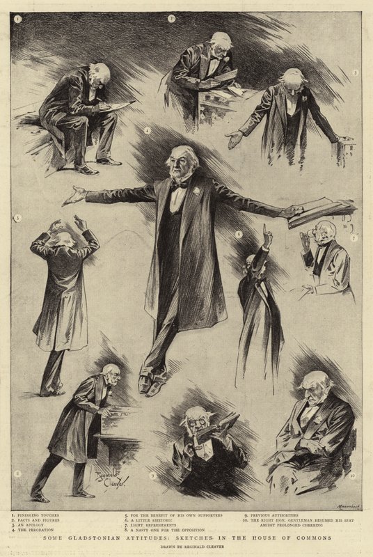 Några Gladstonianska attityder, Skisser i underhuset (gravyr) av Reginald Thomas Cleaver