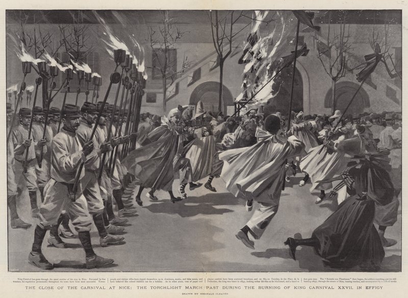 Avslutningen av karnevalen i Nice, fackeltåget förbi under bränningen av kung Karneval XXVII i likbål (gravyr) av Reginald Thomas Cleaver