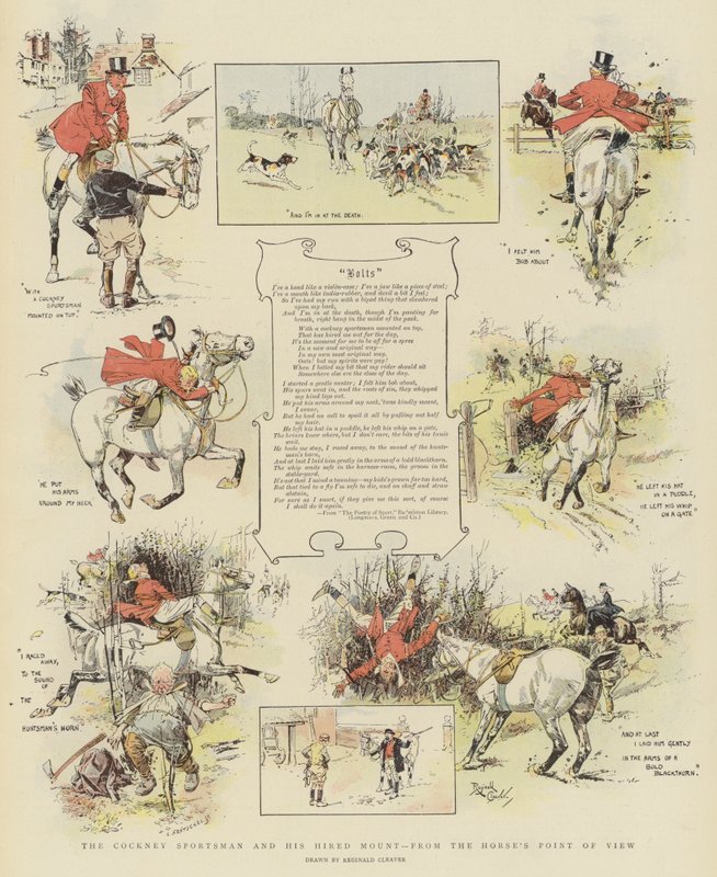 Cockney Sportsman och hans hyrda häst, ur hästens synvinkel (chromolitho) av Reginald Thomas Cleaver