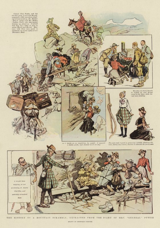 The History of a Mountain Scramble, hämtat ur Mrs "General" Putties dagbok (färglitografi) av Reginald Thomas Cleaver