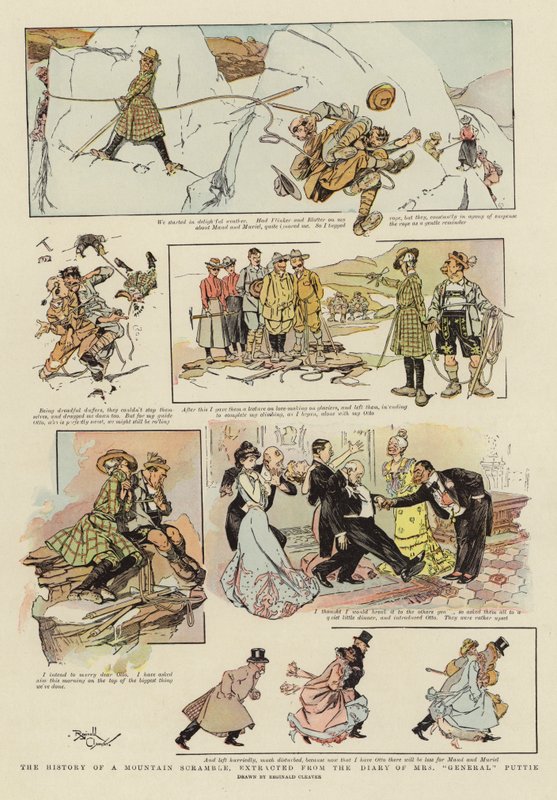 The History of a Mountain Scramble, hämtat ur Mrs "General" Putties dagbok (färglitografi) av Reginald Thomas Cleaver