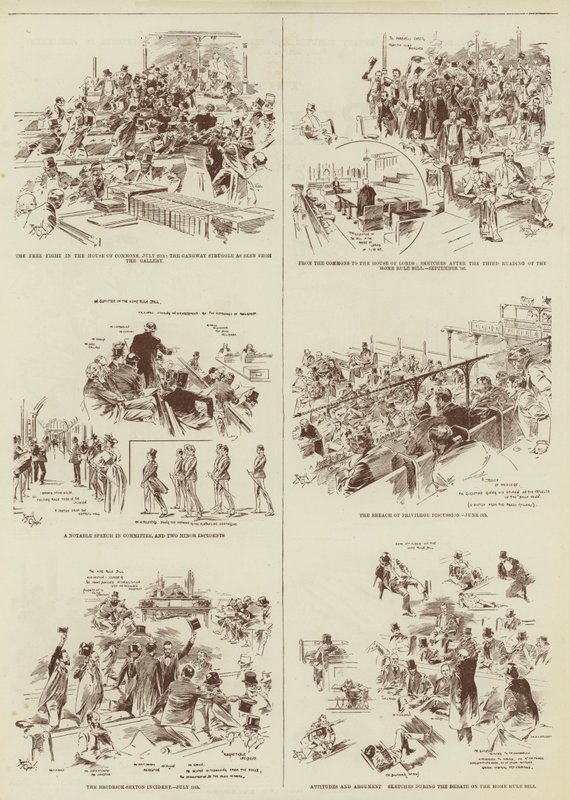 Home Rule-sessionen, några "Daily Graphic"-skisser i parlamentet (gravyr) av Reginald Thomas Cleaver
