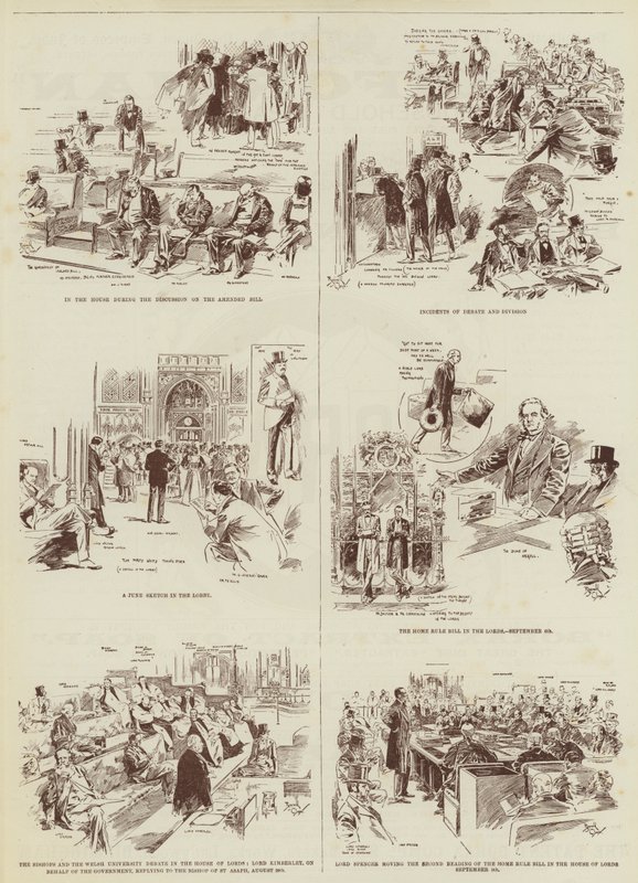 Home Rule-sessionen, några "Daily Graphic"-skisser i parlamentet (gravyr) av Reginald Thomas Cleaver