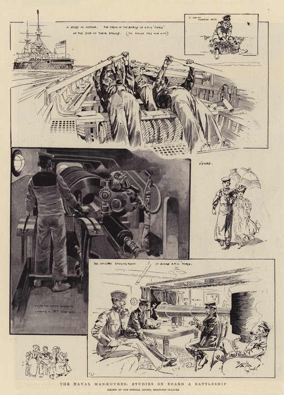 Flottans manövrer, studier ombord på ett slagskepp (litografi) av Reginald Thomas Cleaver