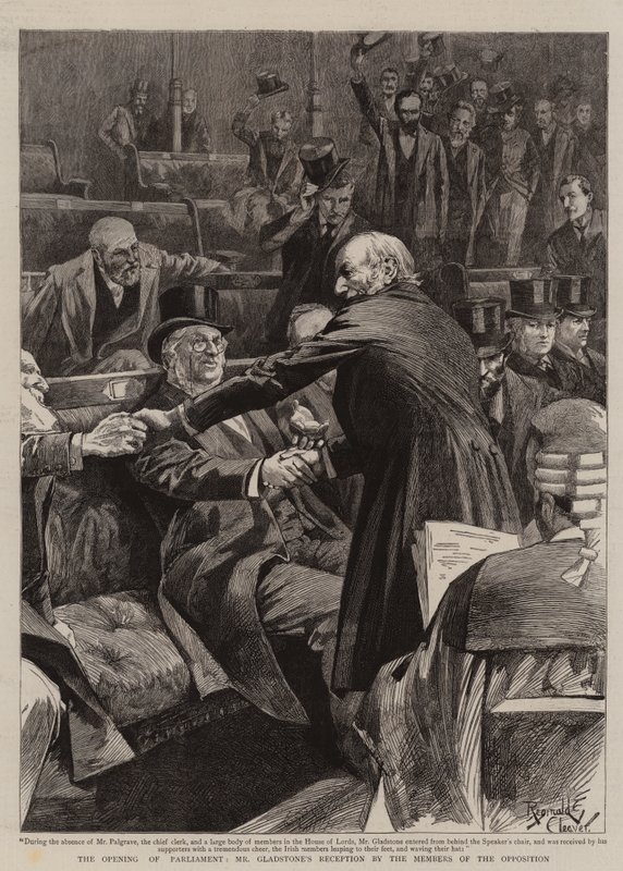 Parlamentets öppnande, Gladstones mottagande av oppositionsmedlemmarna (gravyr) av Reginald Thomas Cleaver