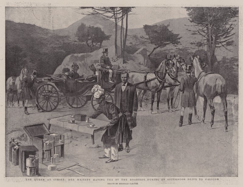 Drottningen i Cimiez, Hennes Majestät dricker te vid vägkanten under en eftermiddagstur till Falicon (litografi) av Reginald Thomas Cleaver