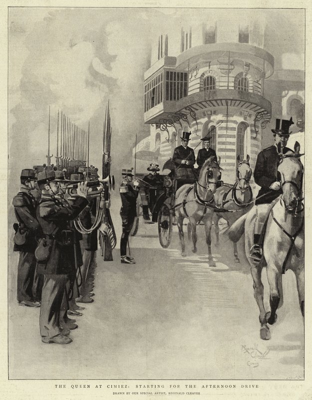 Drottningen i Cimiez, på väg ut på eftermiddagsrundan (litografi) av Reginald Thomas Cleaver