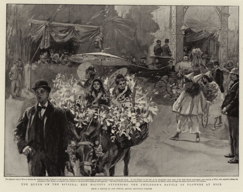 Drottningen på Rivieran, Hennes Majestät närvarar vid Barnens Blomsterslag i Nice (litografi) av Reginald Thomas Cleaver
