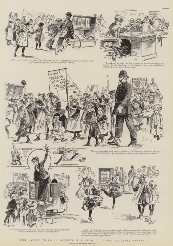 Det senaste inom strejker, trottoarbalettens revolt (gravyr) av Reginald Thomas Cleaver