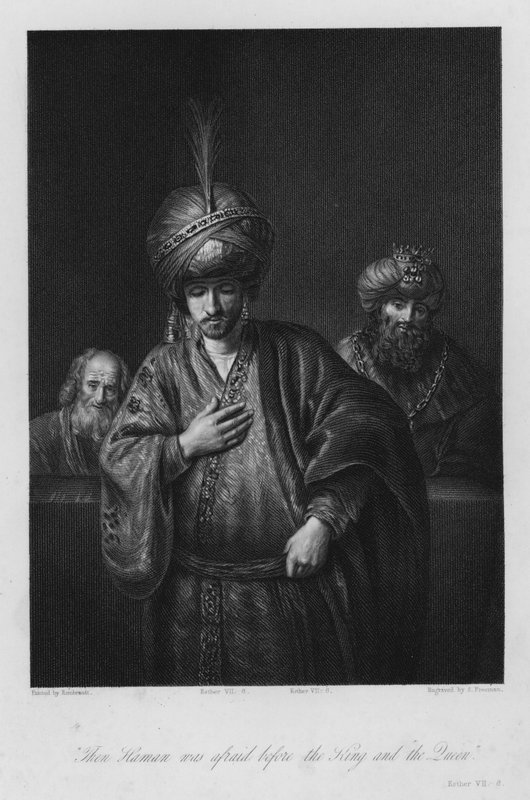 Hamans fördömelse, Esther VII, 6 (gravyr) av Rembrandt Harmensz. van Rijn (after)