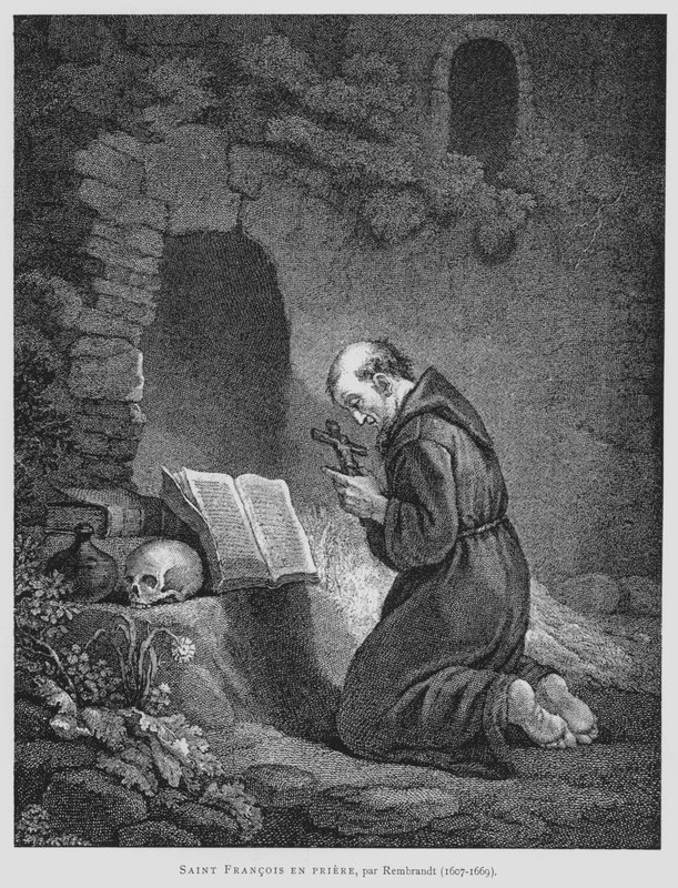 St Francis av Assisi ber (litho) av Rembrandt Harmensz. van Rijn (after)