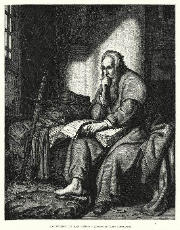 St Paul i fängelse (litho) av Rembrandt Harmensz. van Rijn (after)