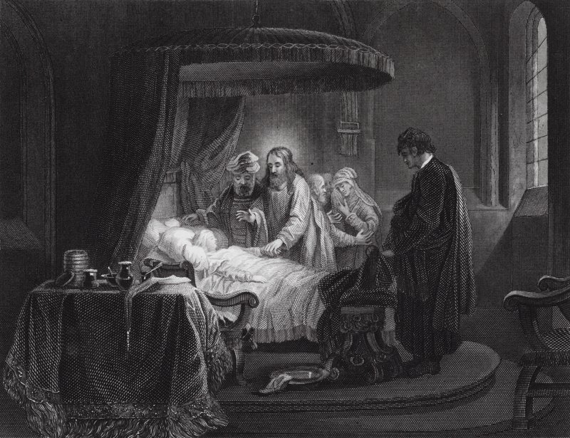 Uppväckandet av Jairus dotter, Markus, kapitel V, vers 35, 42 (gravyr) av Rembrandt Harmensz. van Rijn (after)