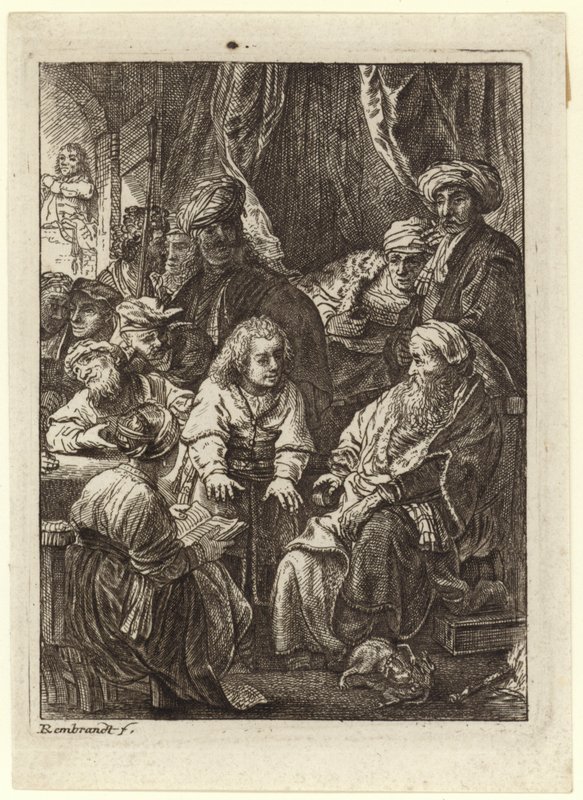En folkmassa samlas runt en sittande gammal man. av Rembrandt van Rijn